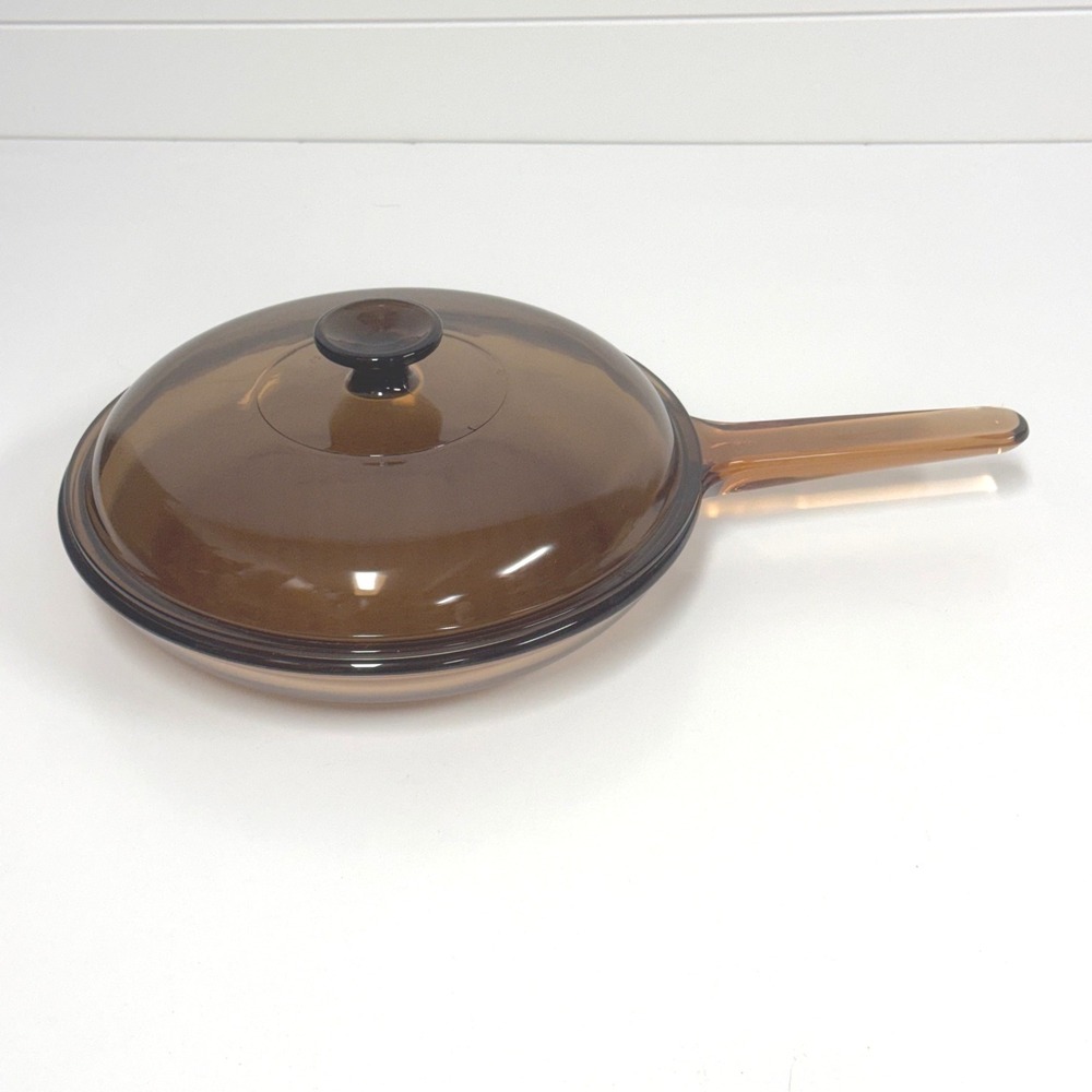 Vintage Corning Visions Amber Glass Skillet Frying Pan with Lid 10"